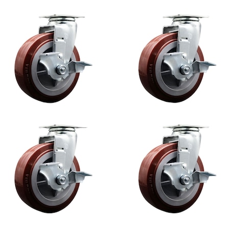 Service Caster 6 Inch Poly on Polyolefin Swivel Caster Set with Ball Bearings and Brakes SCC SCC-20S620-PPUB-TLB-4